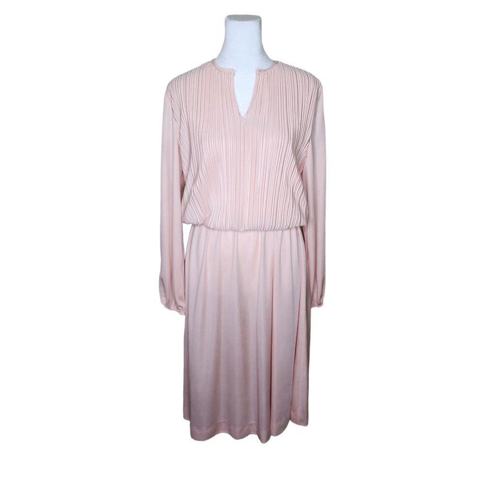 Vintage 80s Blouson Long Sleeve Dress Womens Size M Pink Crinkle